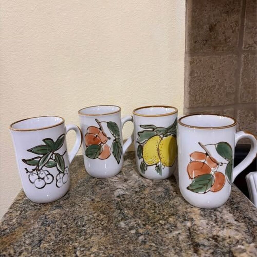 Set of 4 White Ceramic Coffee Mugs 12 oz Fruit Pattern Brown Rim